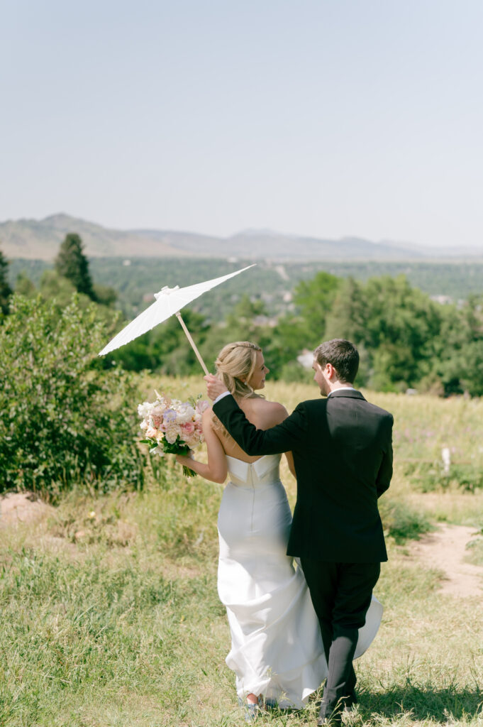 Bride and groom at Chautauqua Park after Boulder wedding